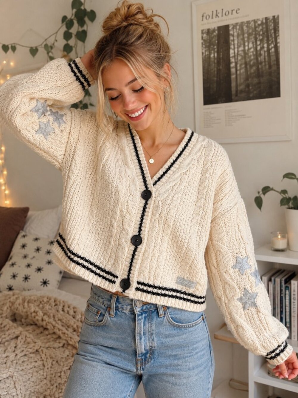 Folklore Cardigan Taylor Swift Inspired Star Patch Cable Knit S - Picture 2 of 7